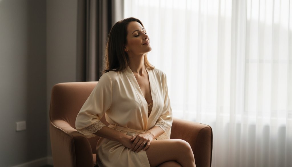 A stunning, dramatically lit portrait from an empowering boudoir photography experience in Delacombe, Victoria, showcasing a woman's confident and serene expression against a soft, textured backdrop, professionally colour-graded.