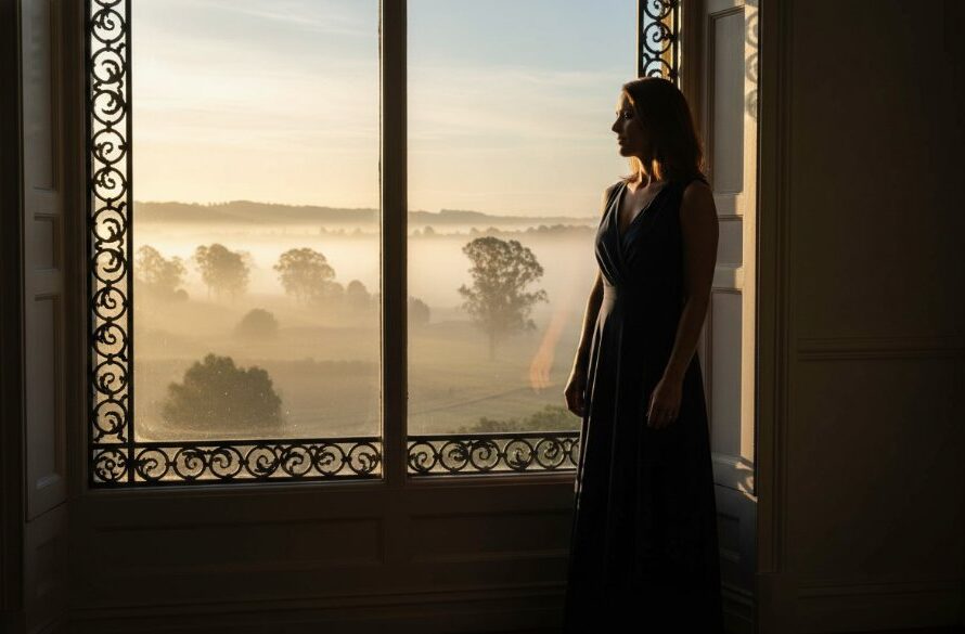 A stunning, cinematically lit 'epic moment' photograph of a woman gracefully posing by a large window overlooking a misty morning landscape in Wangaratta, capturing an empowering boudoir photography experience with dramatic shadows and golden hour glow.
