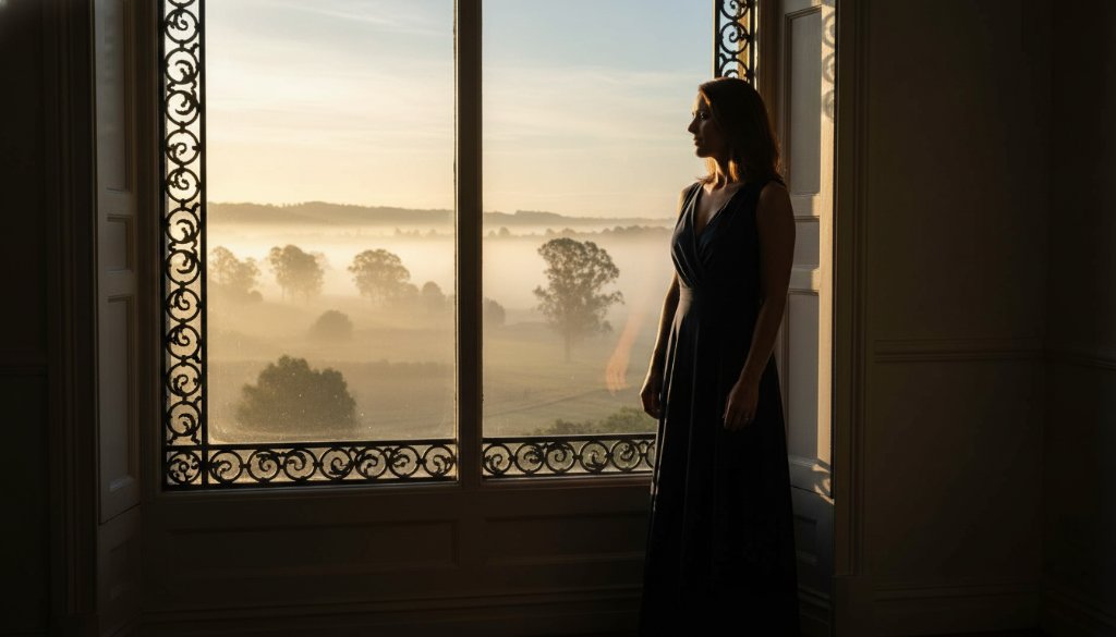 A stunning, cinematically lit 'epic moment' photograph of a woman gracefully posing by a large window overlooking a misty morning landscape in Wangaratta, capturing an empowering boudoir photography experience with dramatic shadows and golden hour glow.
