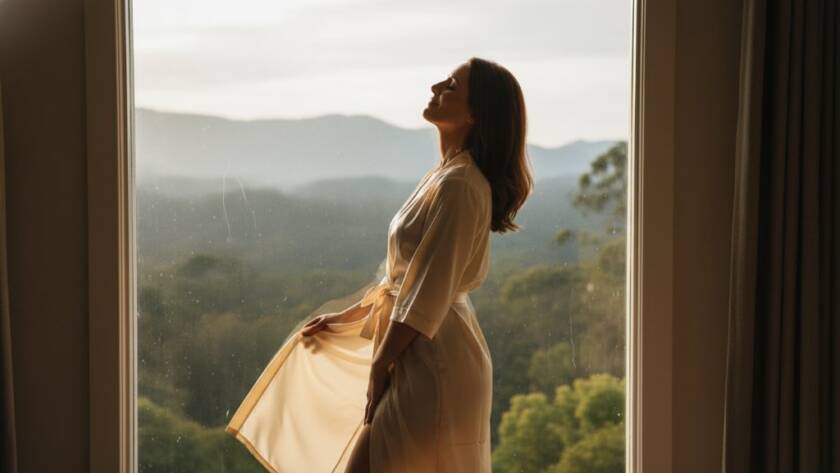 An empowering boudoir photography Ferntree Gully for women portrait, showcasing a confident woman draped in soft light, silhouetted against a window overlooking the Dandenong Ranges, exuding strength and natural beauty.