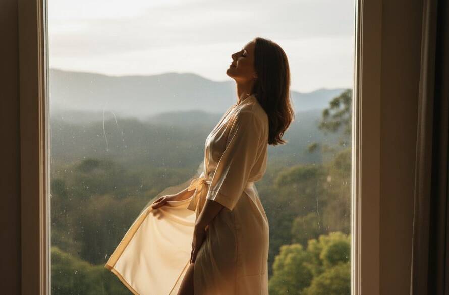 An empowering boudoir photography Ferntree Gully for women portrait, showcasing a confident woman draped in soft light, silhouetted against a window overlooking the Dandenong Ranges, exuding strength and natural beauty.