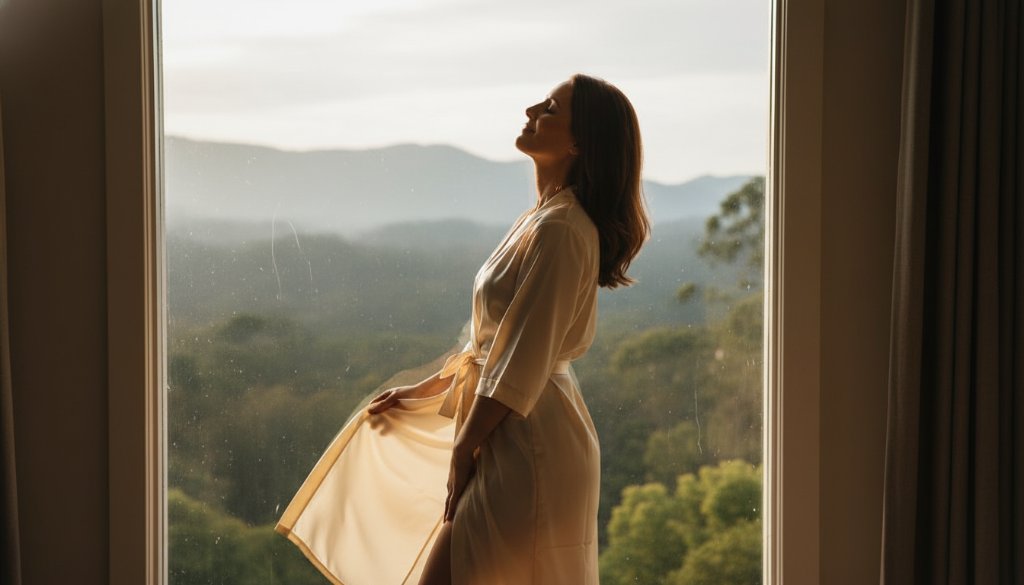 An empowering boudoir photography Ferntree Gully for women portrait, showcasing a confident woman draped in soft light, silhouetted against a window overlooking the Dandenong Ranges, exuding strength and natural beauty.