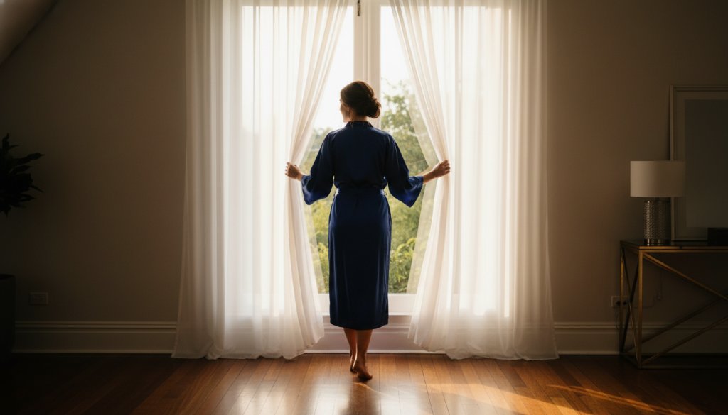 A stunning close-up portrait of a woman's silhouette against soft morning light in a luxurious Glen Waverley studio, embodying the empowering boudoir photography Glen Waverley studio experience with grace and confidence.