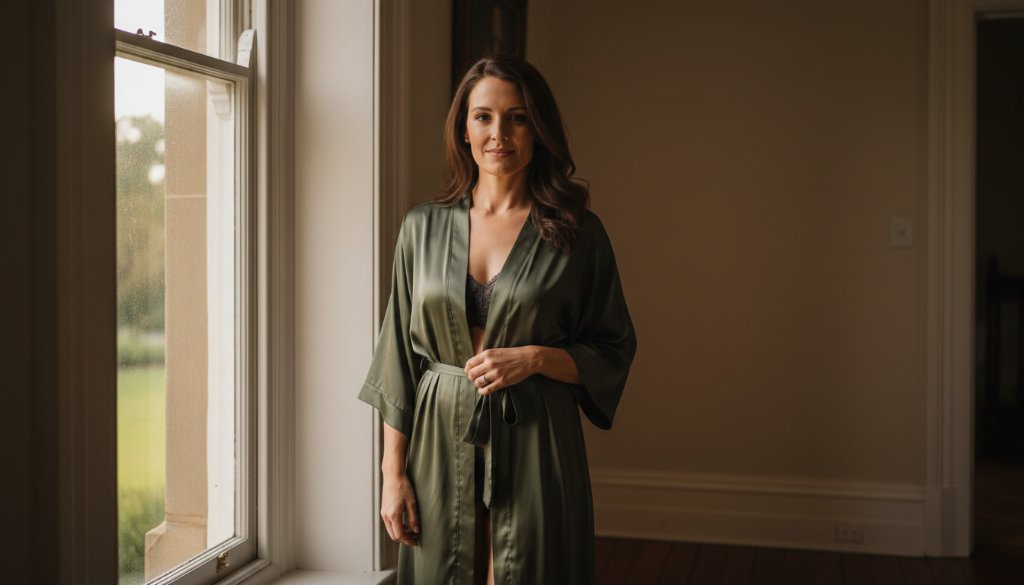 A confident woman in elegant, soft lingerie, bathed in dramatic natural light from a large window in a historic Hamilton residence, embodying empowering boudoir photography Hamilton Victoria, with a powerful and serene expression.