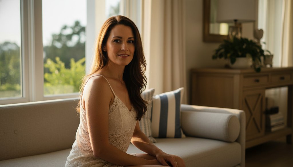 A captivating close-up of a woman's serene face, softly illuminated by natural light, embodying empowered boudoir photography Hampton Victoria, evoking confidence and beauty in a Hampton-inspired setting.