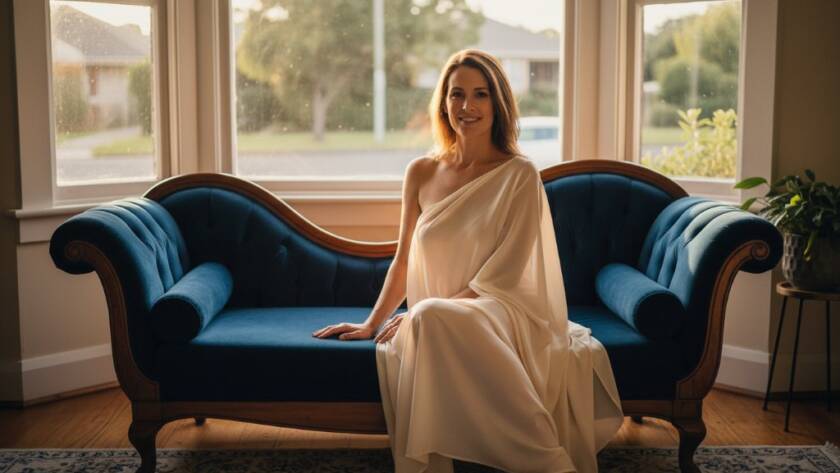 A stunning and empowering boudoir photography Heathmont Victoria portrait of a confident woman gazing reflectively, bathed in dramatic, soft window light within a luxurious, styled room, capturing a moment of profound self-acceptance.