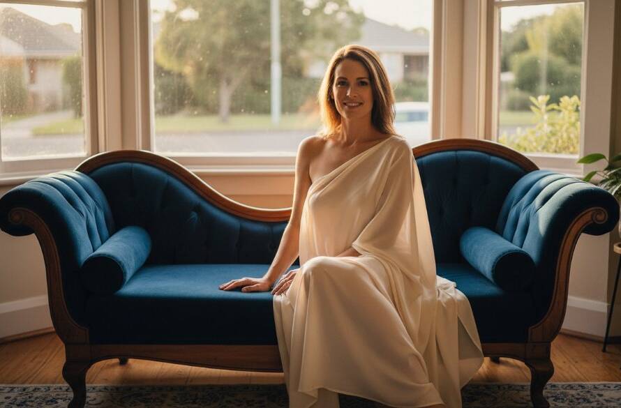 A stunning and empowering boudoir photography Heathmont Victoria portrait of a confident woman gazing reflectively, bathed in dramatic, soft window light within a luxurious, styled room, capturing a moment of profound self-acceptance.