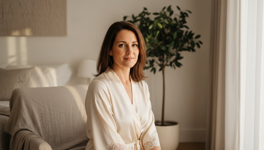 A stunning, cinematic portrait showcasing empowering boudoir photography Keilor East confidence boost, featuring a woman bathed in soft window light, her expression serene and powerful, captured in a beautifully styled Keilor East home with a dramatic composition and professional colour grading.