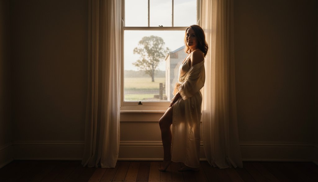 A stunning, soft-focus portrait of a woman bathed in dramatic natural light, evoking confidence and grace during an Empowering Boudoir Photography Kilmore Victoria session, capturing an epic moment of self-discovery.