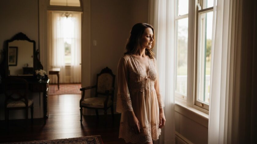 A confident woman in elegant lingerie, caught in a dramatic backlight, gazing out a window in a luxurious Maryborough heritage home, showcasing the essence of Empowering Boudoir Photography Maryborough Victoria with a powerful, intimate portrait.