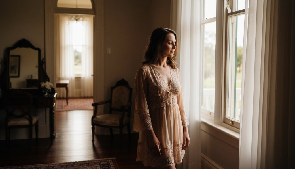 A confident woman in elegant lingerie, caught in a dramatic backlight, gazing out a window in a luxurious Maryborough heritage home, showcasing the essence of Empowering Boudoir Photography Maryborough Victoria with a powerful, intimate portrait.