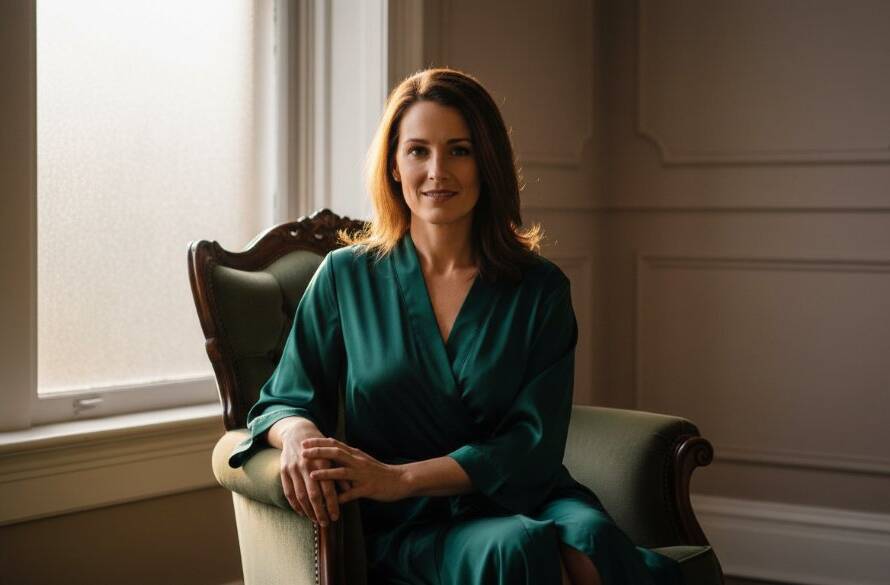 A stunning, dramatic close-up of a confident woman in a silk robe, caught in a soft window light, showcasing the empowering boudoir photography Mitcham Victoria experience, exuding grace and quiet strength.