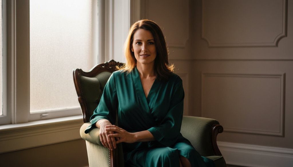 A stunning, dramatic close-up of a confident woman in a silk robe, caught in a soft window light, showcasing the empowering boudoir photography Mitcham Victoria experience, exuding grace and quiet strength.