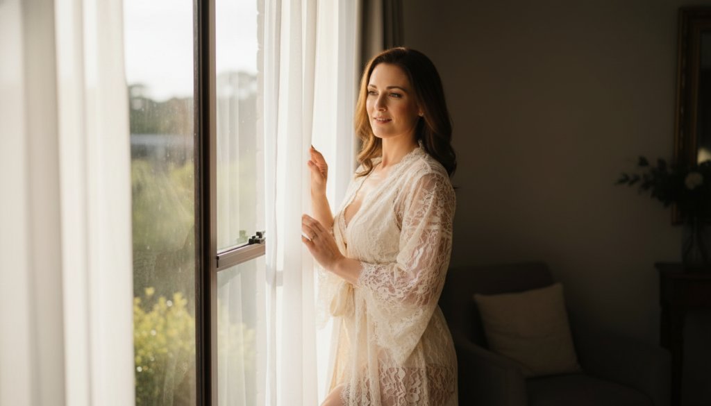 An empowering boudoir photography Mount Waverley studio portrait of a woman bathed in soft, dramatic window light, confidently posing in elegant lingerie, reflecting self-love and strength. The composition is cinematic with professional color grading.