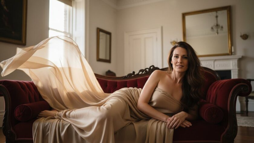 A stunning, color-graded professional photograph of a woman exuding confidence in a luxurious setting, capturing an empowering boudoir photography Newtown Victoria moment with dramatic soft light.