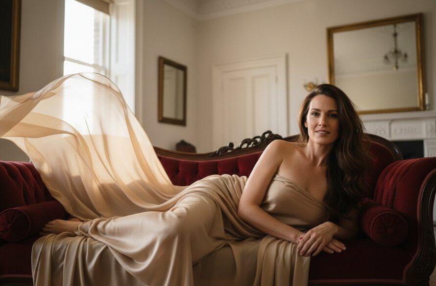 A stunning, color-graded professional photograph of a woman exuding confidence in a luxurious setting, capturing an empowering boudoir photography Newtown Victoria moment with dramatic soft light.
