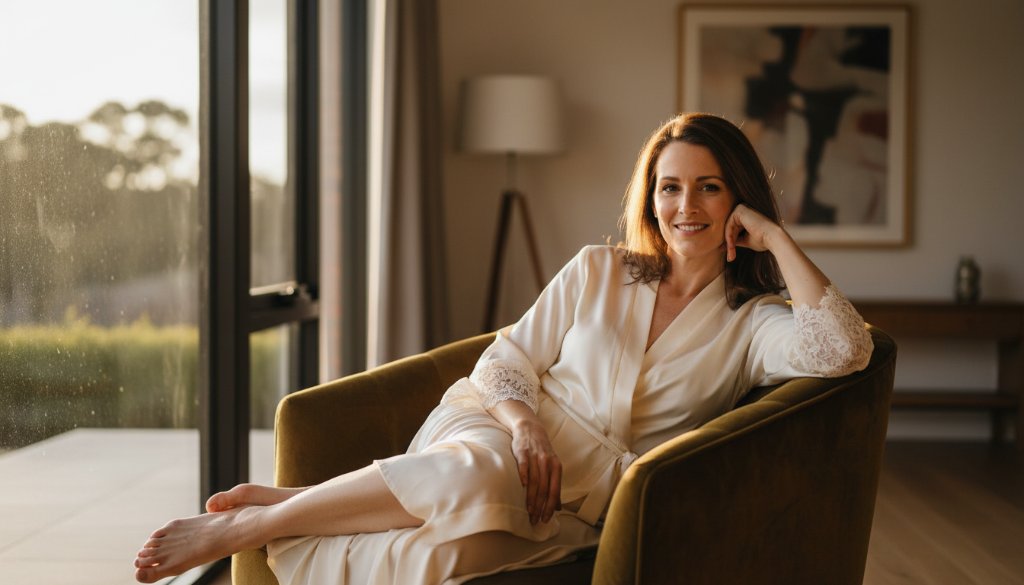 An exquisite close-up of a woman's serene face, softly illuminated by natural window light filtering into a elegant Park Orchards home, embodying 'Empowering Boudoir Photography Park Orchards Victoria' with a sense of peaceful confidence and timeless beauty.