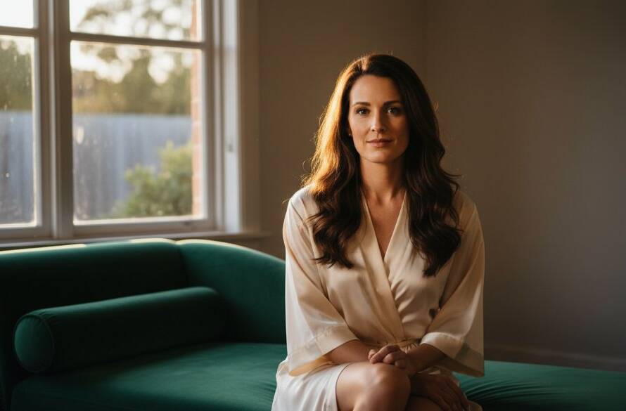 A stunning and empowering boudoir photography Ringwood East Victoria shot, featuring a confident woman bathed in dramatic golden hour light, reclining elegantly in a beautifully styled bedroom, showcasing strength and serenity.