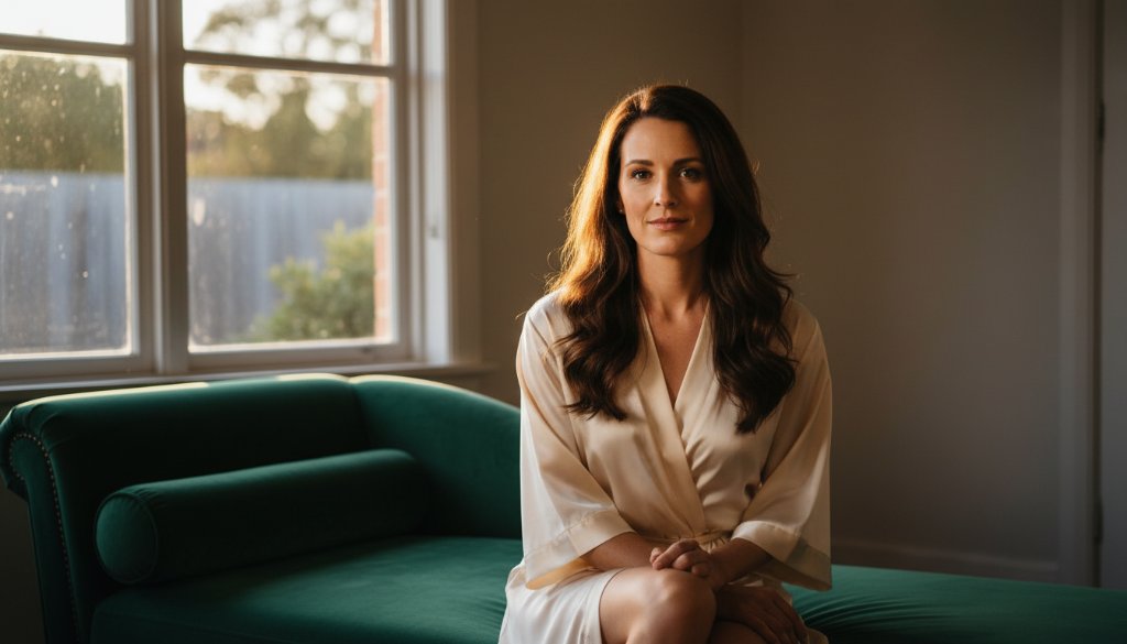 A stunning and empowering boudoir photography Ringwood East Victoria shot, featuring a confident woman bathed in dramatic golden hour light, reclining elegantly in a beautifully styled bedroom, showcasing strength and serenity.