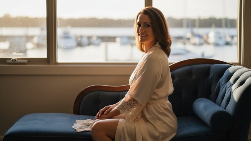A captivating, professional photograph showcasing empowering boudoir photography in Sale, Victoria, featuring a woman draped in soft lace, bathed in golden hour light by the Port of Sale, evoking confidence and grace.