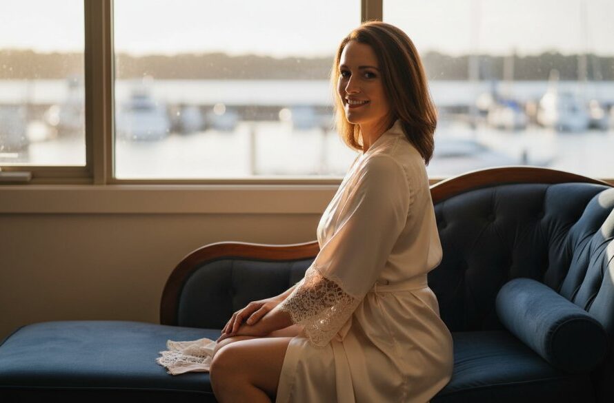 A captivating, professional photograph showcasing empowering boudoir photography in Sale, Victoria, featuring a woman draped in soft lace, bathed in golden hour light by the Port of Sale, evoking confidence and grace.