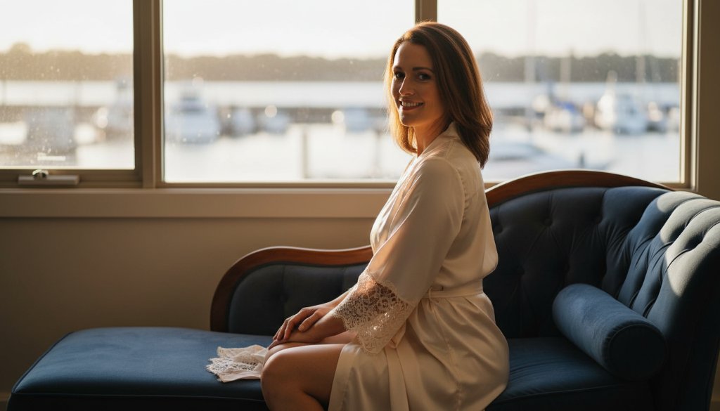 A captivating, professional photograph showcasing empowering boudoir photography in Sale, Victoria, featuring a woman draped in soft lace, bathed in golden hour light by the Port of Sale, evoking confidence and grace.