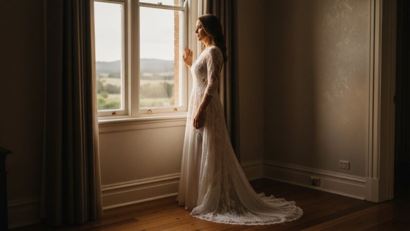 A beautifully composed, dramatic photograph of a woman bathed in soft, ethereal light by a window, capturing an empowering boudoir photography Stawell moment of serene confidence and intimate reflection. The image features professional depth of field and warm, cinematic colour grading, evoking timeless elegance.
