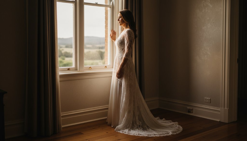 A beautifully composed, dramatic photograph of a woman bathed in soft, ethereal light by a window, capturing an empowering boudoir photography Stawell moment of serene confidence and intimate reflection. The image features professional depth of field and warm, cinematic colour grading, evoking timeless elegance.