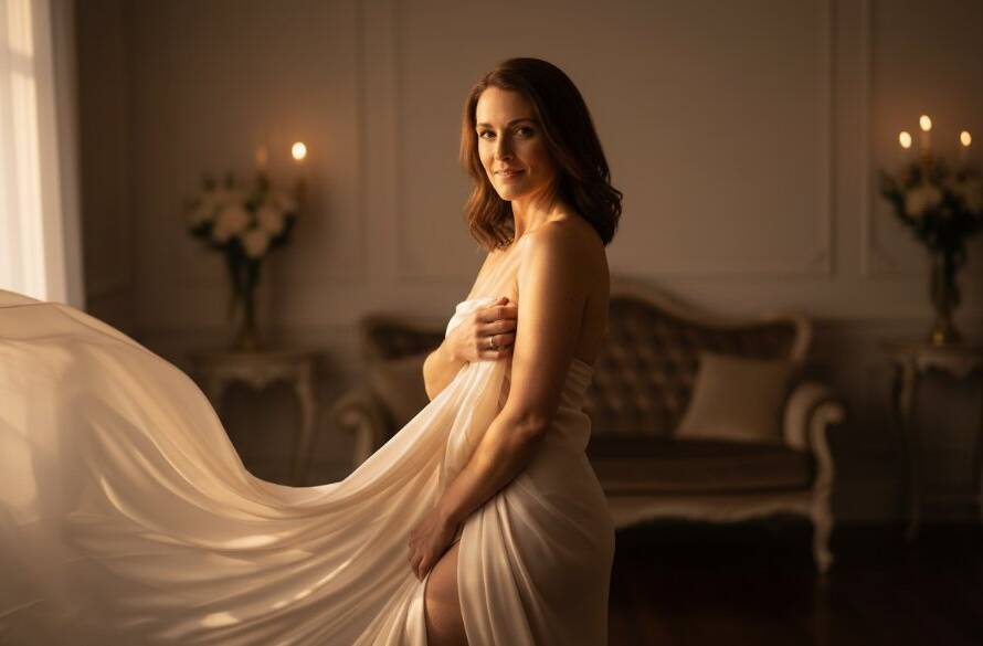 A stunning and empowering boudoir photography moment captured in a luxurious Sunshine West studio, featuring a woman draped in soft fabric, bathed in dramatic natural light, evoking confidence and grace.