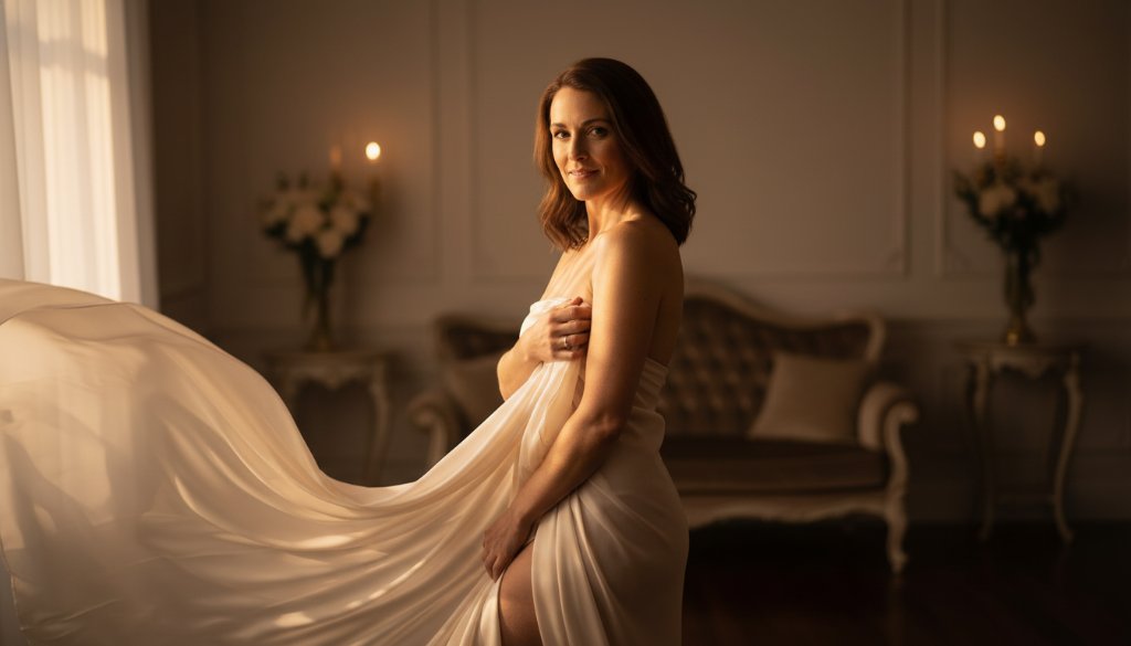A stunning and empowering boudoir photography moment captured in a luxurious Sunshine West studio, featuring a woman draped in soft fabric, bathed in dramatic natural light, evoking confidence and grace.