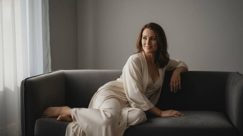 A powerful, dramatically lit portrait from an empowering boudoir photography Sydenham Victoria session, featuring a woman looking confidently into the camera, bathed in soft, ethereal light from a large window, embodying strength and elegance.