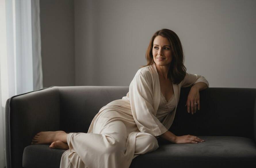 A powerful, dramatically lit portrait from an empowering boudoir photography Sydenham Victoria session, featuring a woman looking confidently into the camera, bathed in soft, ethereal light from a large window, embodying strength and elegance.