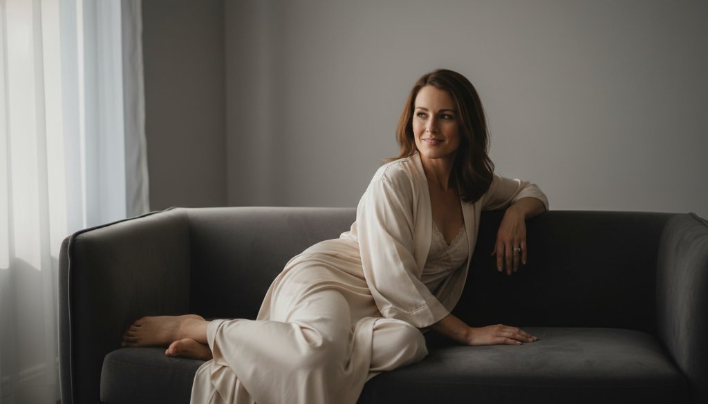 A powerful, dramatically lit portrait from an empowering boudoir photography Sydenham Victoria session, featuring a woman looking confidently into the camera, bathed in soft, ethereal light from a large window, embodying strength and elegance.