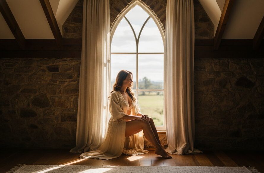 An epic, dramatically lit photograph capturing a woman's confident and serene expression during an empowering boudoir photography Wallan Victoria session, with soft, natural light filtering through sheer curtains in a rustic yet elegant Wallan setting.
