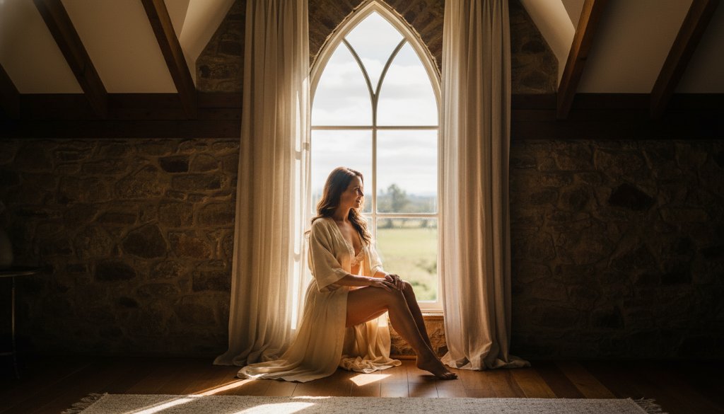 An epic, dramatically lit photograph capturing a woman's confident and serene expression during an empowering boudoir photography Wallan Victoria session, with soft, natural light filtering through sheer curtains in a rustic yet elegant Wallan setting.