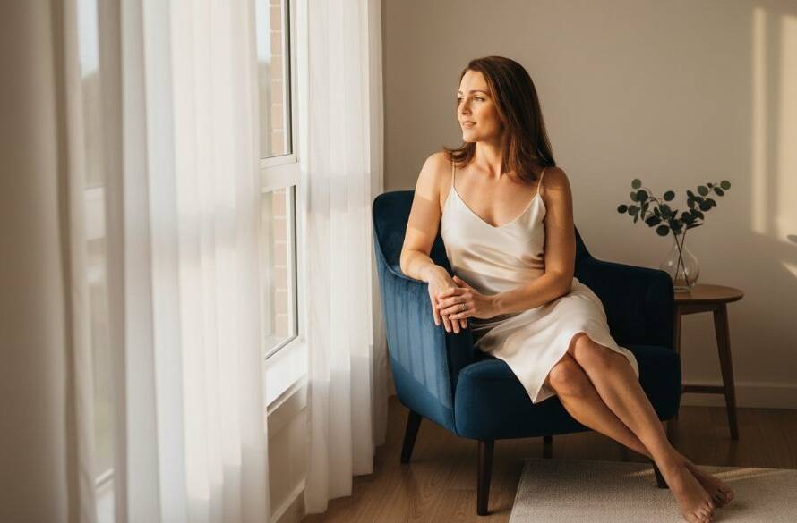 An intimate, emotionally charged photograph capturing the essence of empowering boudoir photography Wantirna, featuring a woman softly illuminated by natural light, exuding confidence and grace in a tastefully styled Wantirna home studio setting, professionally colour-graded with dramatic shadows and highlights.