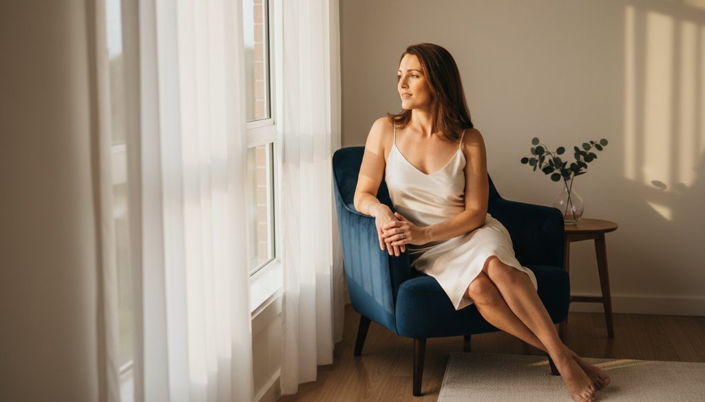 An intimate, emotionally charged photograph capturing the essence of empowering boudoir photography Wantirna, featuring a woman softly illuminated by natural light, exuding confidence and grace in a tastefully styled Wantirna home studio setting, professionally colour-graded with dramatic shadows and highlights.