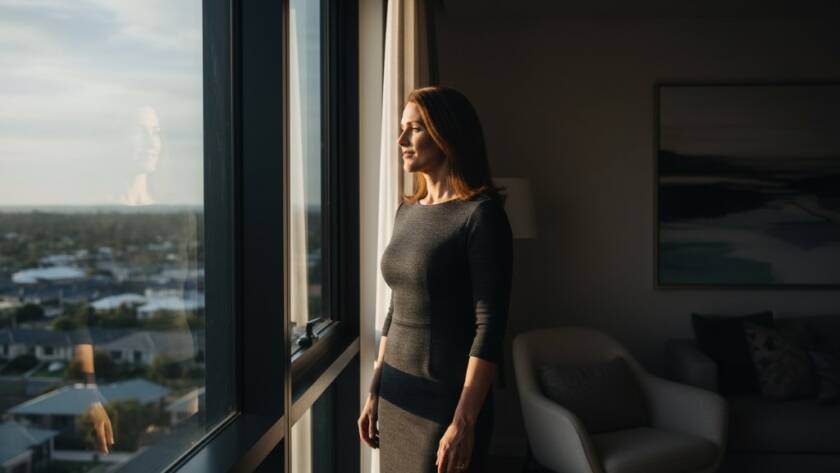 A stunning, dramatic close-up of a woman's silhouette against soft light, capturing an empowering boudoir photography Williams Landing moment of self-reflection and confidence.