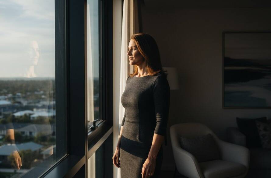 A stunning, dramatic close-up of a woman's silhouette against soft light, capturing an empowering boudoir photography Williams Landing moment of self-reflection and confidence.