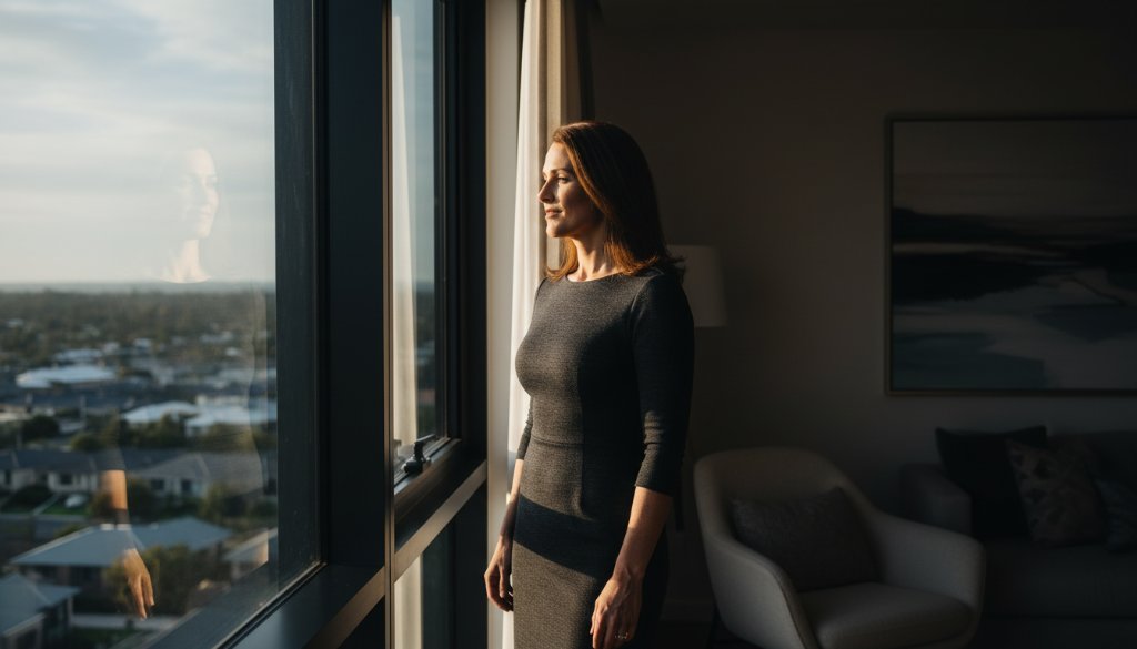 A stunning, dramatic close-up of a woman's silhouette against soft light, capturing an empowering boudoir photography Williams Landing moment of self-reflection and confidence.