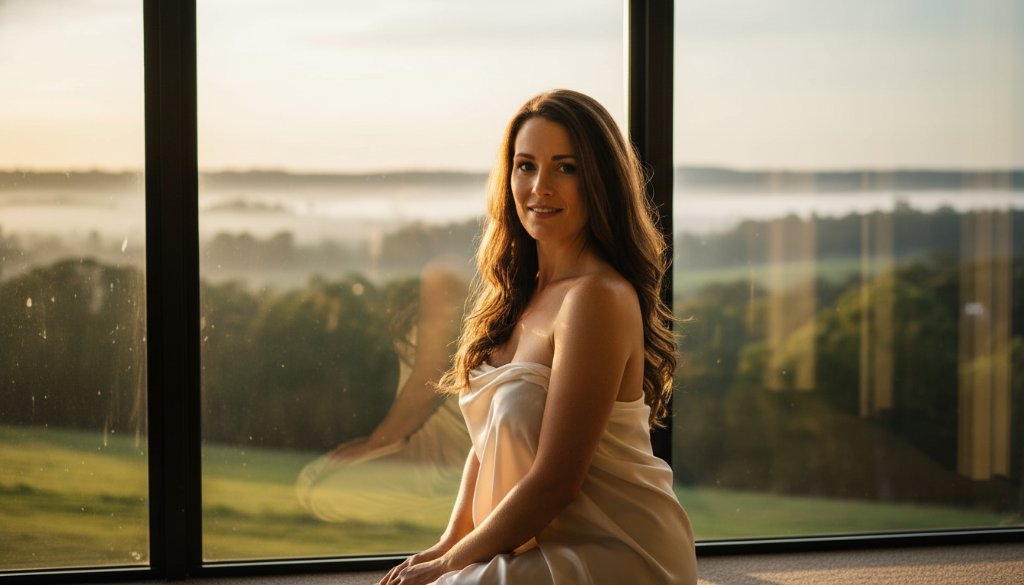 A powerful, black and white fine art portrait from an empowering boudoir photography Wonga Park Victoria session, showing a confident woman draped in soft fabric against a rustic Wonga Park backdrop, bathed in dramatic natural light, capturing an intimate moment of self-love and elegance.