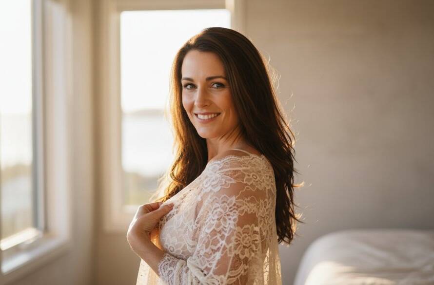 A powerful and intimate black and white portrait of a woman embracing her confidence during an empowering boudoir photoshoot Chelsea Victoria, bathed in soft, natural light, with a hint of Chelsea's tranquil beach aesthetic in the background, professional and artistic composition.