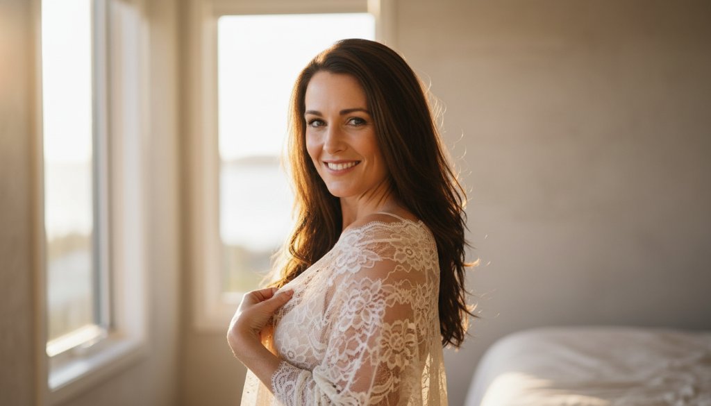 A powerful and intimate black and white portrait of a woman embracing her confidence during an empowering boudoir photoshoot Chelsea Victoria, bathed in soft, natural light, with a hint of Chelsea's tranquil beach aesthetic in the background, professional and artistic composition.