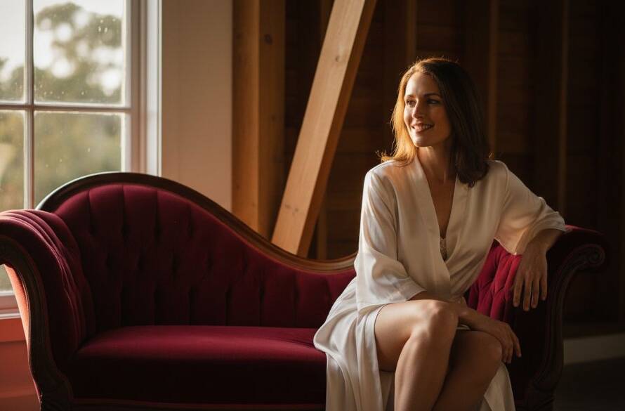 A powerful and empowering boudoir photoshoot Cranbourne scene featuring a woman silhouetted against soft window light in a luxurious, rustic setting, capturing a moment of profound self-confidence and serene beauty, professionally colour-graded with dramatic yet soft lighting.