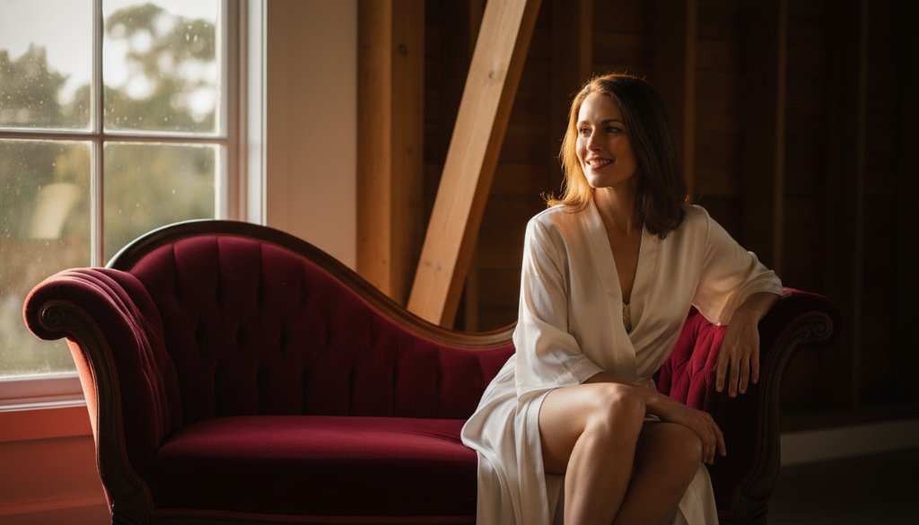 A powerful and empowering boudoir photoshoot Cranbourne scene featuring a woman silhouetted against soft window light in a luxurious, rustic setting, capturing a moment of profound self-confidence and serene beauty, professionally colour-graded with dramatic yet soft lighting.