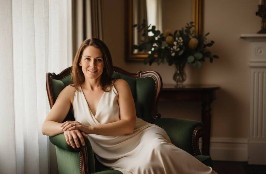 An empowering Bulleen boudoir photography experience captured in an epic, intimate portrait of a confident woman gracefully posed in a beautifully lit, luxurious private setting, showcasing her strength and beauty.