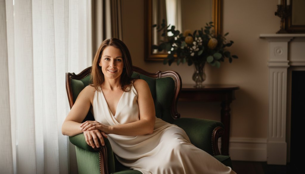 An empowering Bulleen boudoir photography experience captured in an epic, intimate portrait of a confident woman gracefully posed in a beautifully lit, luxurious private setting, showcasing her strength and beauty.