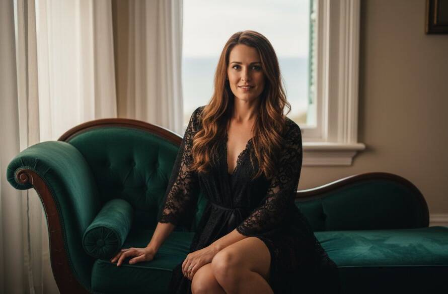 A stunning, dramatic portrait from an empowering Frankston boudoir photoshoot experience, featuring a woman bathed in soft, ethereal light, exuding confidence and grace in a beautiful, tastefully intimate setting near the Frankston pier, captured with professional colour grading and cinematic flair.