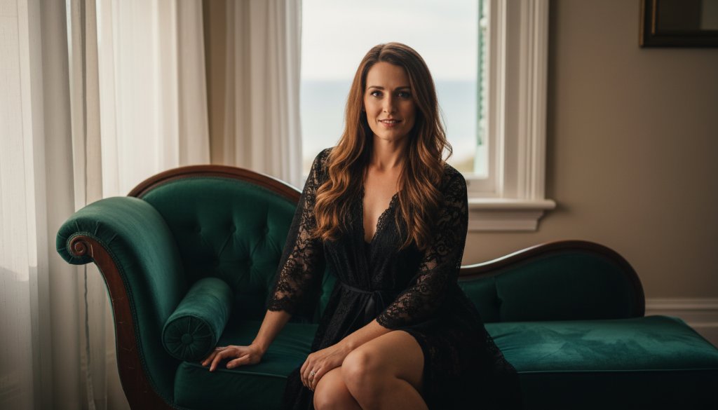 A stunning, dramatic portrait from an empowering Frankston boudoir photoshoot experience, featuring a woman bathed in soft, ethereal light, exuding confidence and grace in a beautiful, tastefully intimate setting near the Frankston pier, captured with professional colour grading and cinematic flair.