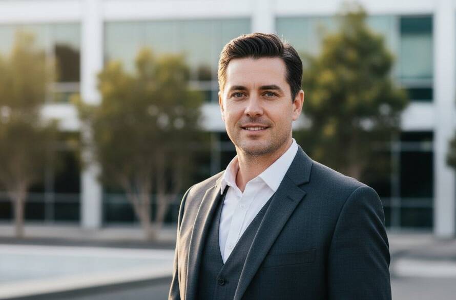 A powerful, cinematic professional portrait of a confident business professional in Blackburn North, bathed in dramatic golden hour light, symbolising empowering professional headshots Blackburn North for career success and a bright future.